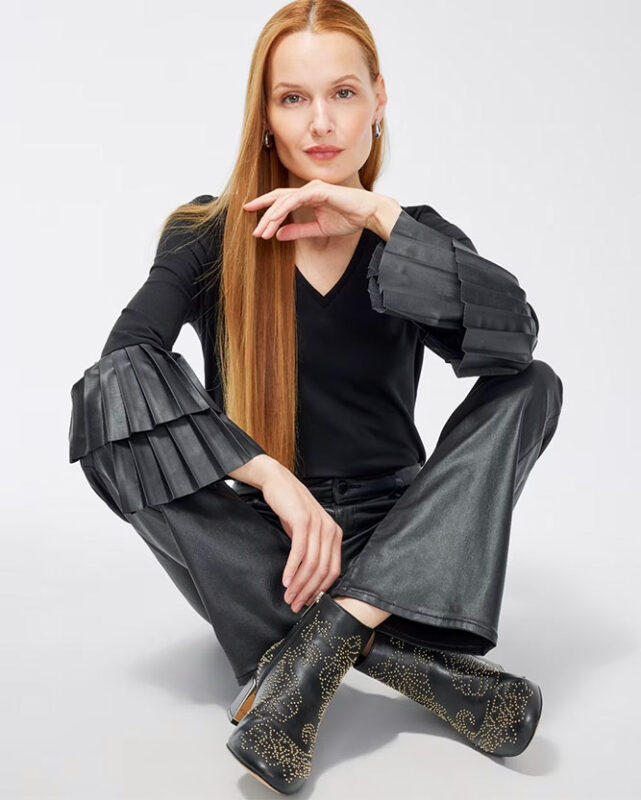 Model wearing a Chico's ruffle pants and blouse