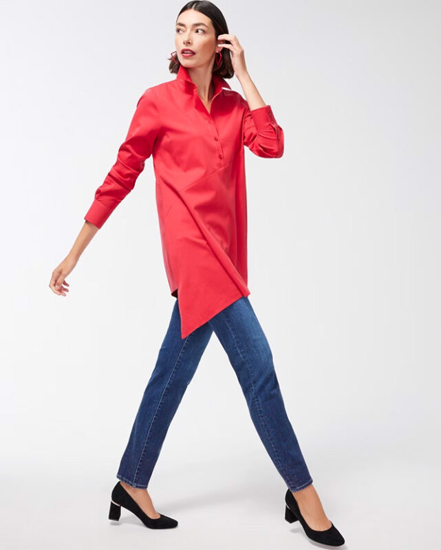 Chico's red blouse on model