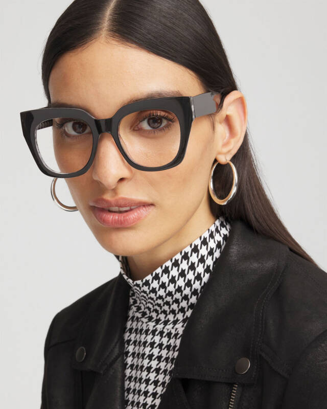 Model wearing black framed glasses