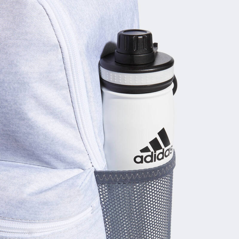 adidas white backpack with adidas water bottle in side pocket