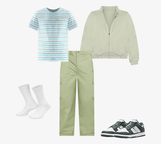 casual pastel outfit: striped t-shirt, light jacket, olive cargo pants, white socks, and sneakers.