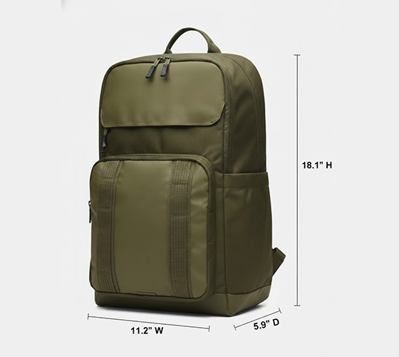 olive green backpack with multiple zippered pockets, top handle and side pocket; dimensions shown: 18.1 inches tall, 11.2 inches wide, 5.9 inches deep.