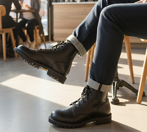 black leather lace-up combat boots with a thick sole worn with cuffed jeans in a sunlit cafe setting.