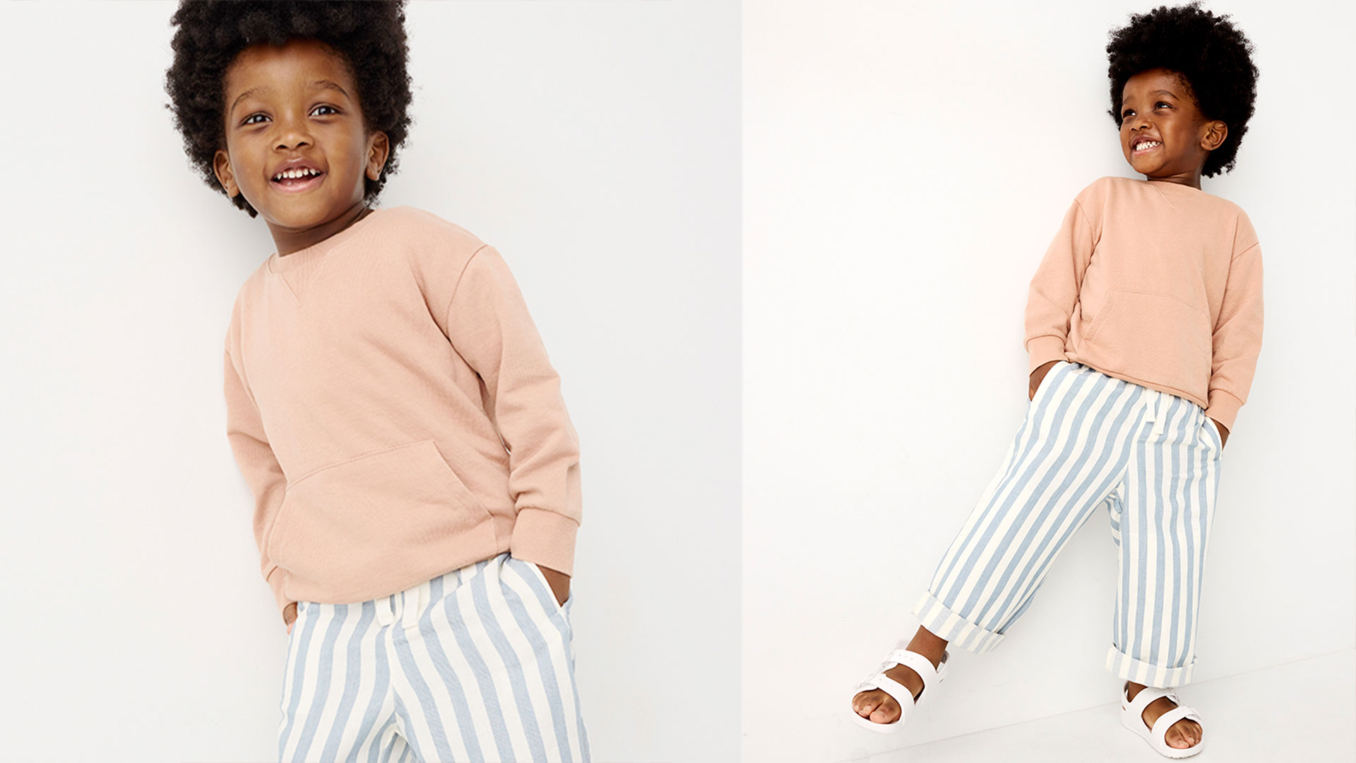 young child with curly hair wearing a peach sweatshirt and light blue striped pants, smiling against a white background (split-screen photo).