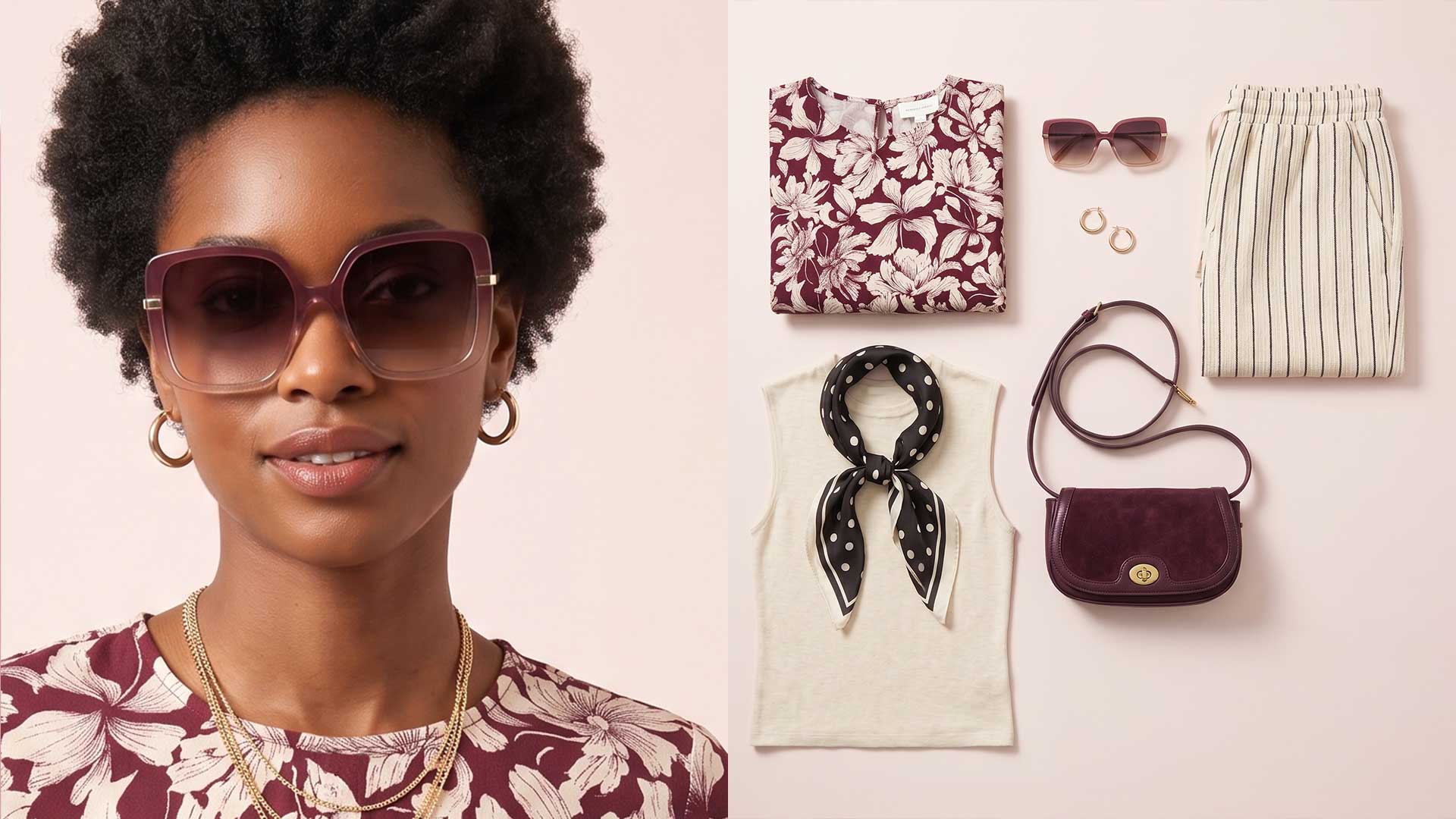 close-up of a woman wearing oversized pink sunglasses and a burgundy floral top, with gold jewelry visible on a pale pink background.