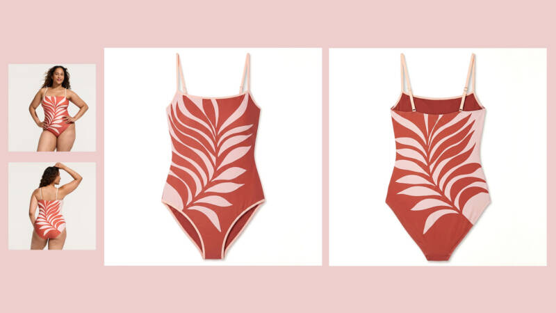 coral and pink leaf-pattern one-piece swimsuit with thin straps, shown front and back on white background.