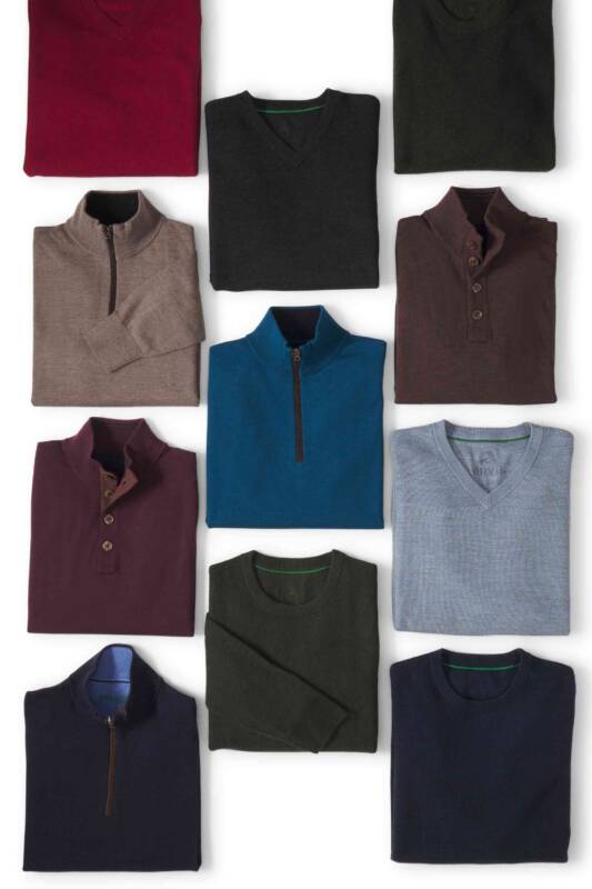 flat lay of folded sweaters and polo shirts in assorted colors arranged in a grid (burgundy, black, brown, teal, navy).