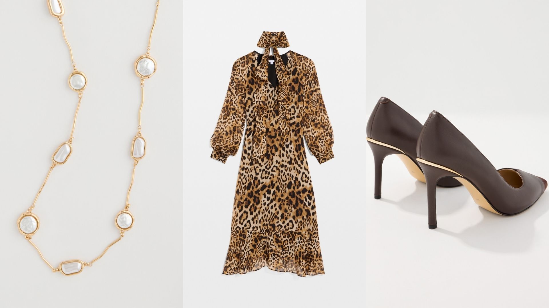 split image showing gold jewelry with white stones on the left, a leopard-print dress in the center, and brown high-heeled pumps on the right.